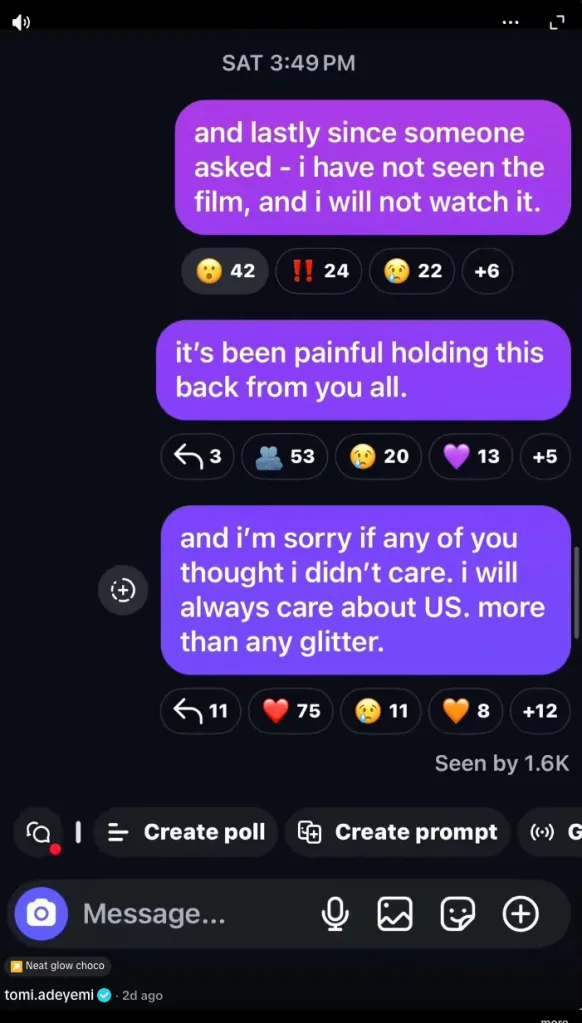A TikTok video of messages from Tomi Adeyemi addressing her feud with Amandla Stenberg.