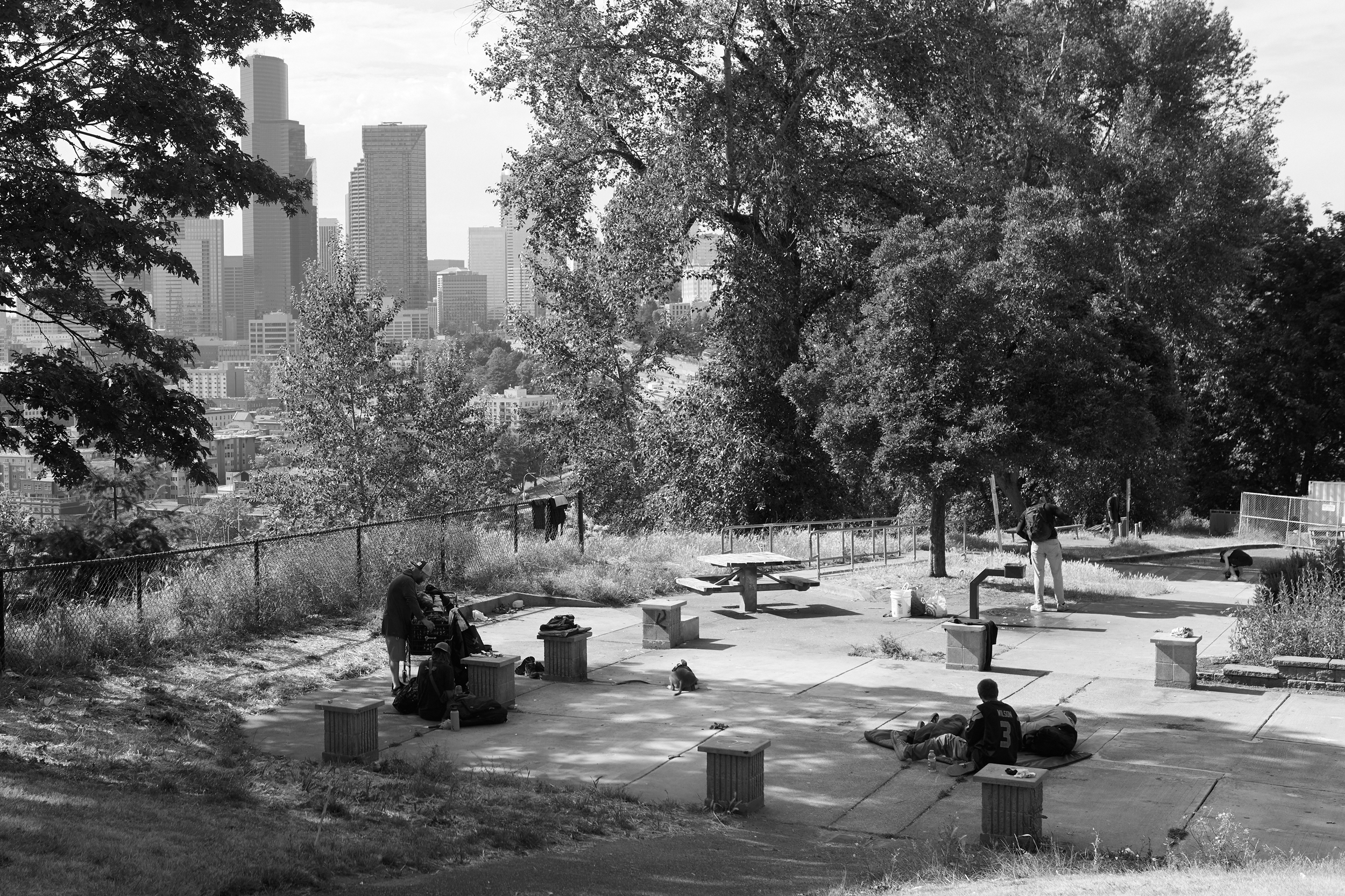 black-and-white photo of urban park with people camping and skyscrapers in distance