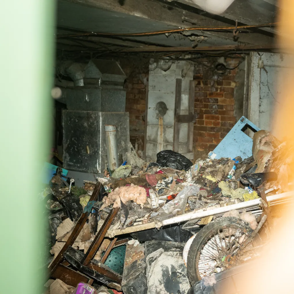 A room in the Siders' home at 82 Ohmer St., cluttered with trash, old insulation, and what appears to be a rusted bicycle wheel.