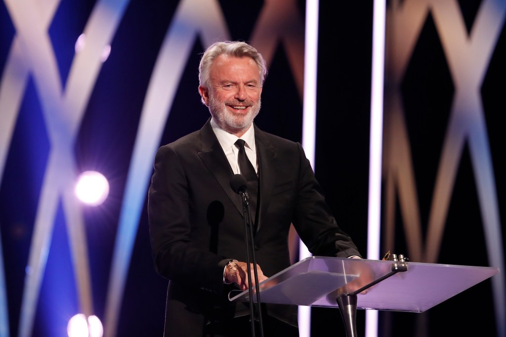 Sam Neill accepts the Longford Lyell Award at the 2019 AACTA Awards.