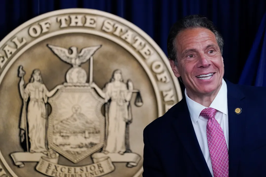 New York Governor Andrew Cuomo smiles in front of the Seal of the State of New York.