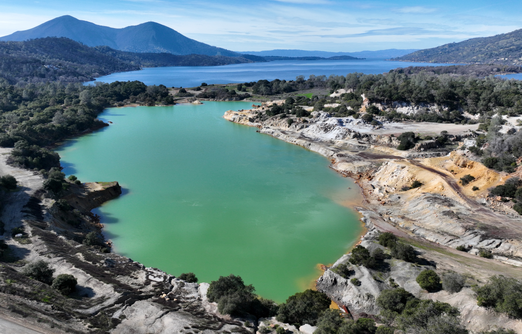Drone view of the Sulphur Bank mercury mine Superfund site in Clearlake Oaks, California.