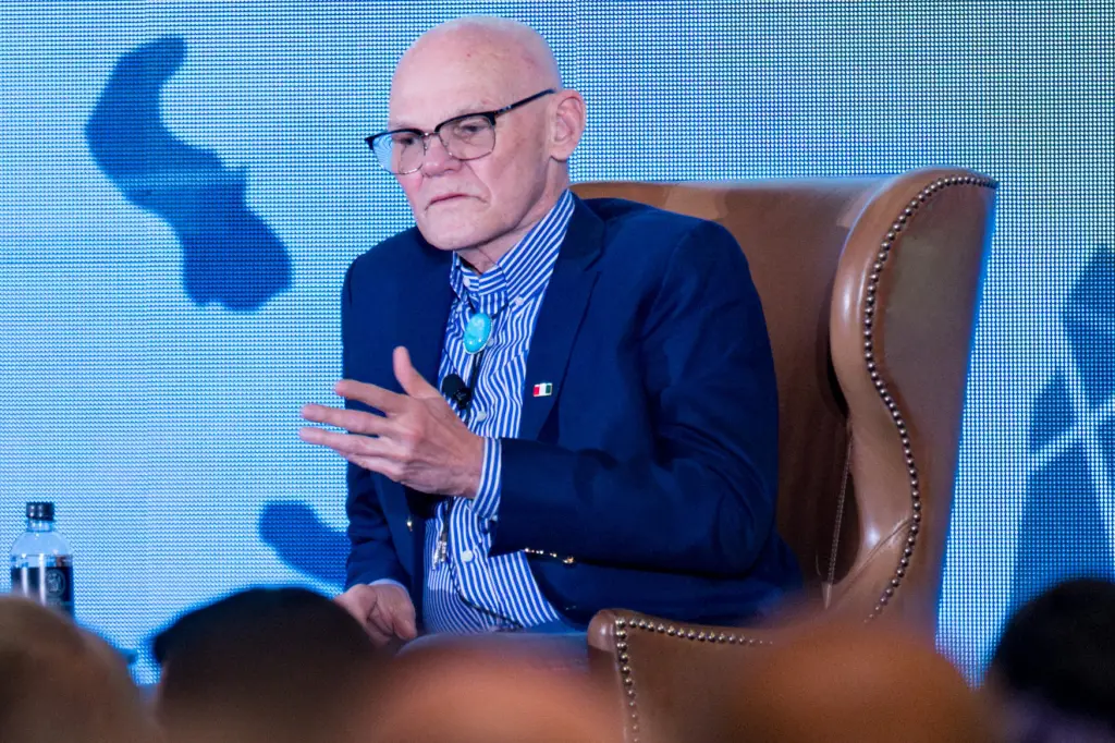 Political consultant James Carville speaking at the Borderplex Alliance's 2024 Global Border Summit luncheon.