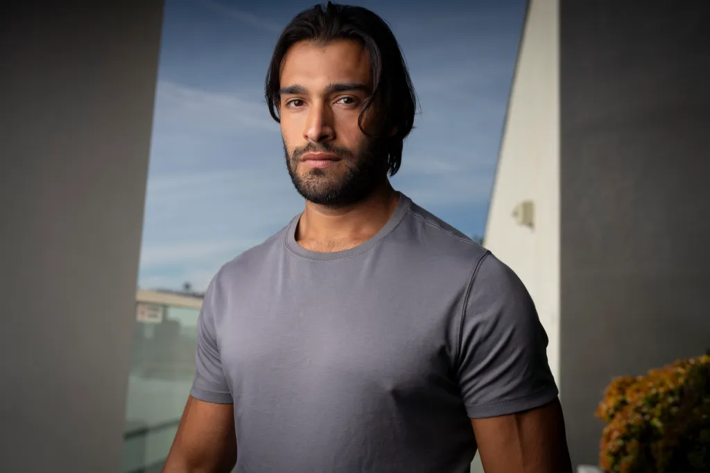Sam Asghari looking at the camera, wearing a gray t-shirt.