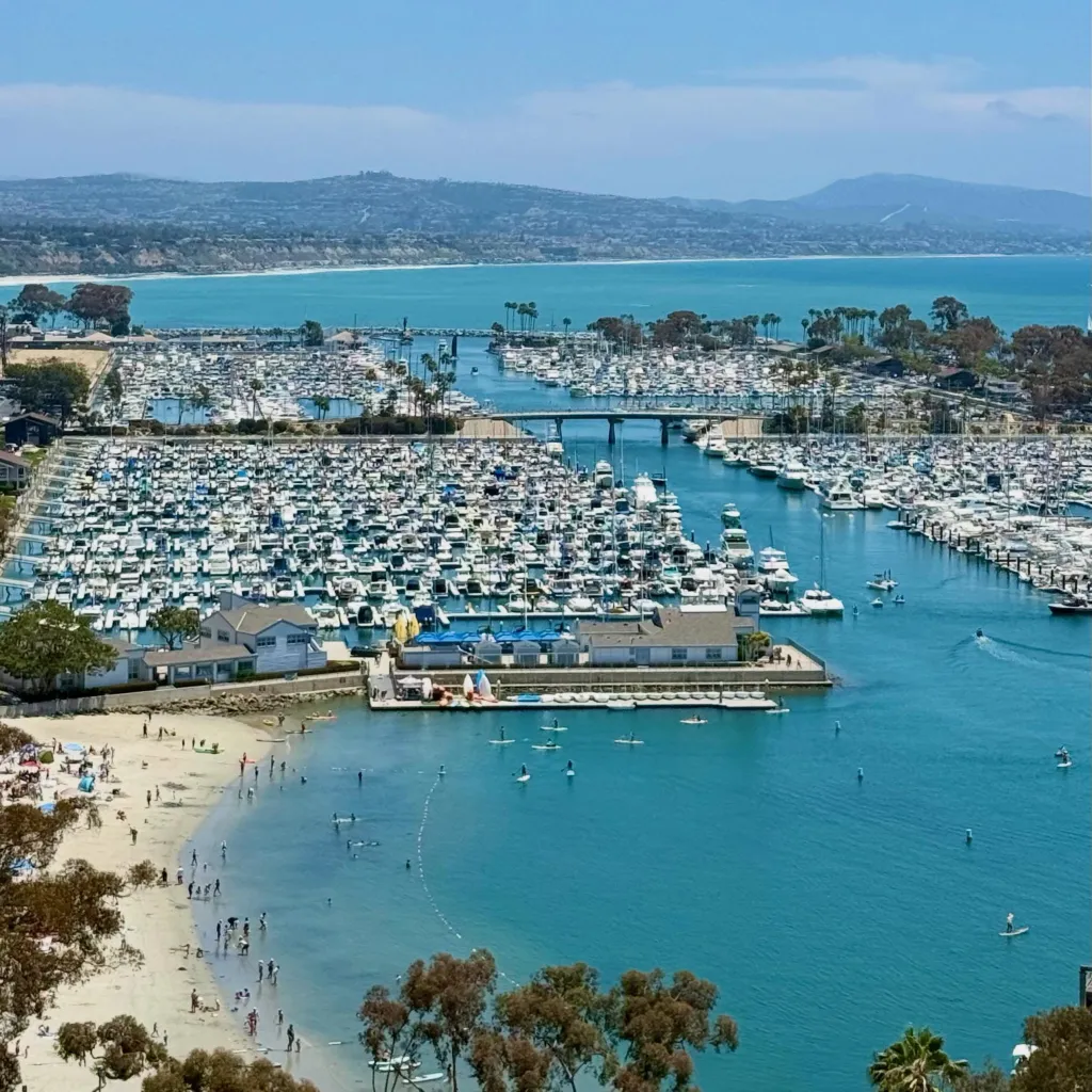 Dana Point Harbor with numerous boats docked in the marina, people on the beach, and paddleboarders in the water, under a bright blue sky.