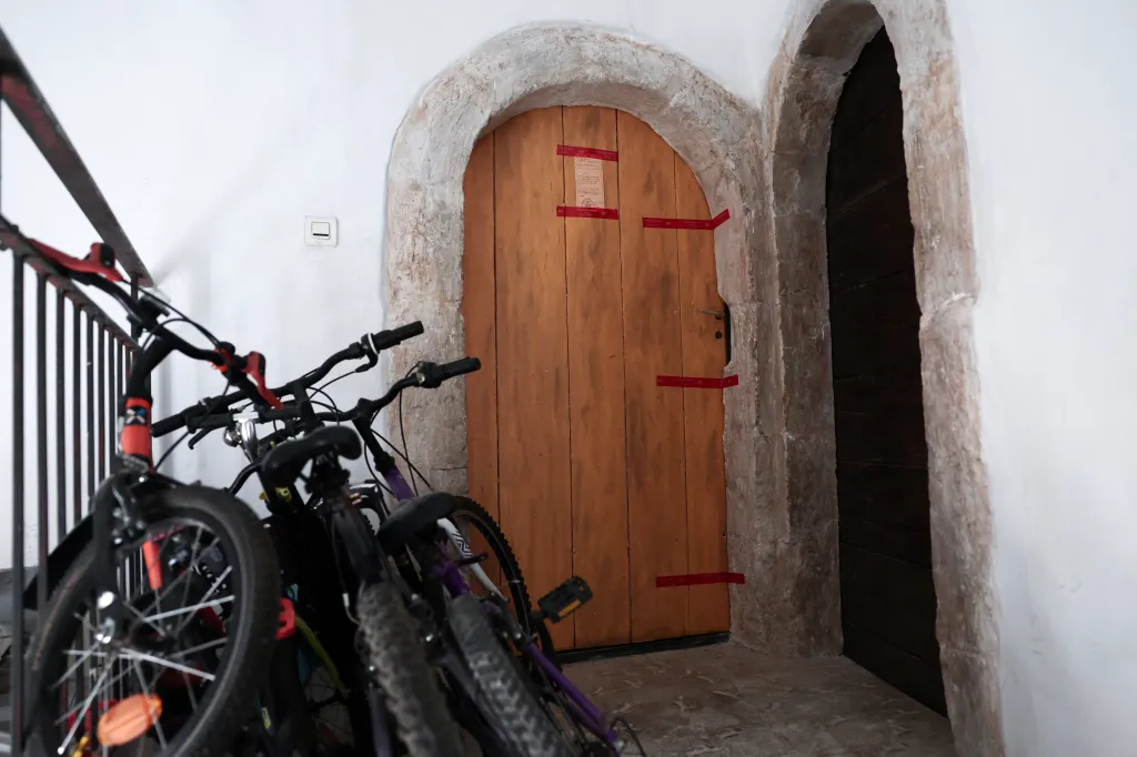 French police seals affixed to an apartment door in Orange, southern France.