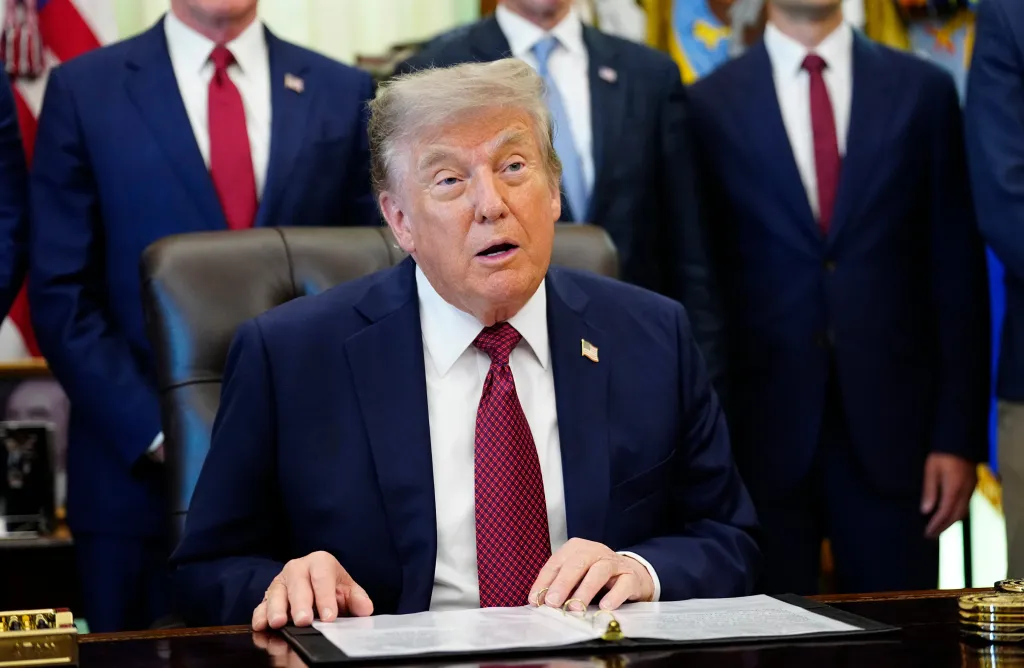 President Donald Trump speaks during an event in the Oval Office of the White House on July 24, 2026. 