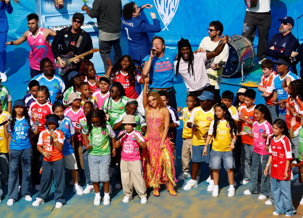 Coldplay, Sesame Street, The Muppets, Shakira, and Burna Boy perform during the FIFA World Cup 2026 halftime show.