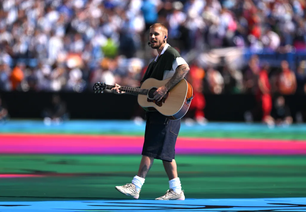 Justin Bieber performing during the Topps Final Halftime Show at the FIFA World Cup 2026 Final match.