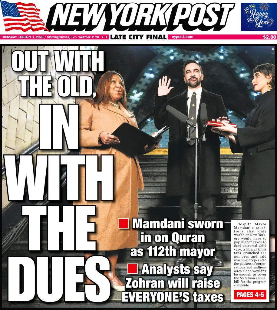 Front page of the New York Post with a headline