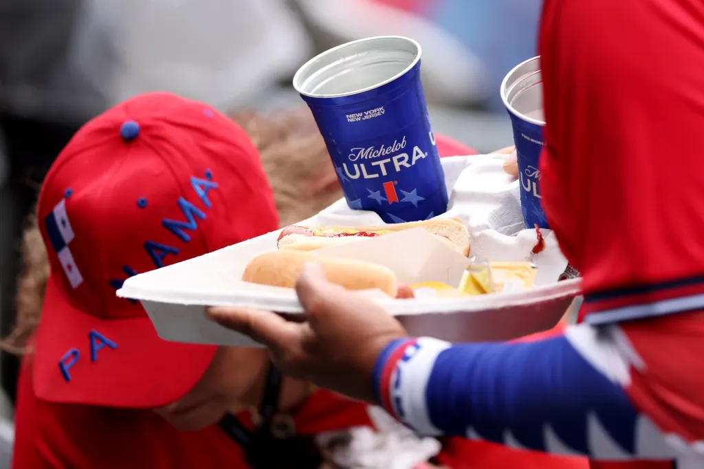 Hot dogs and a drink.