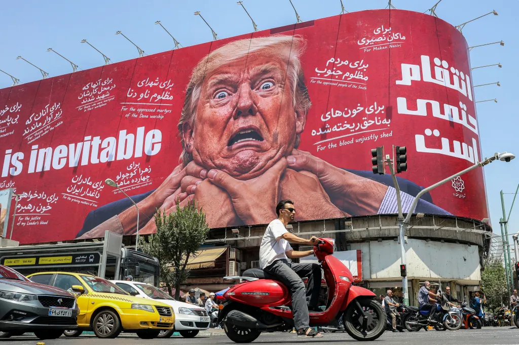 A billboard with a portrait of President Donald Trump being choked is displayed in Tehran, Iran, on July 27, 2026.