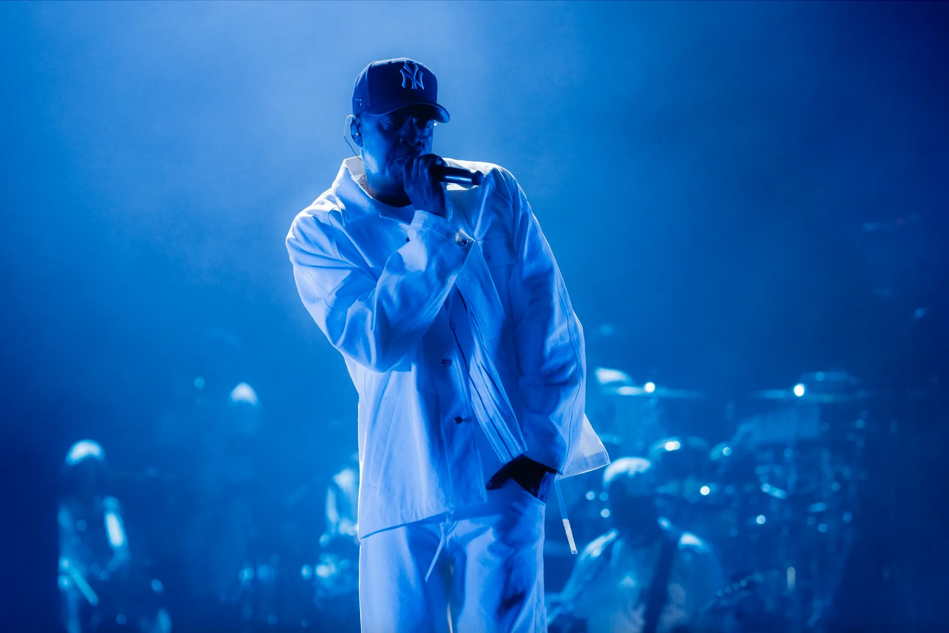 Jay-Z performing in a custom Public School New York outfit at Yankee Stadium.