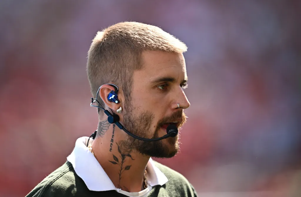 Justin Bieber performing during the Halftime Show of the FIFA World Cup 2026 Final.