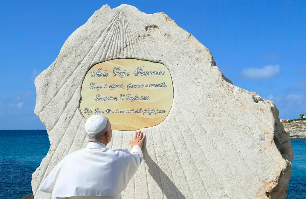 Pope Leo XIV blessing the stele renaming Lampedusa's Favarolo Pier as 
