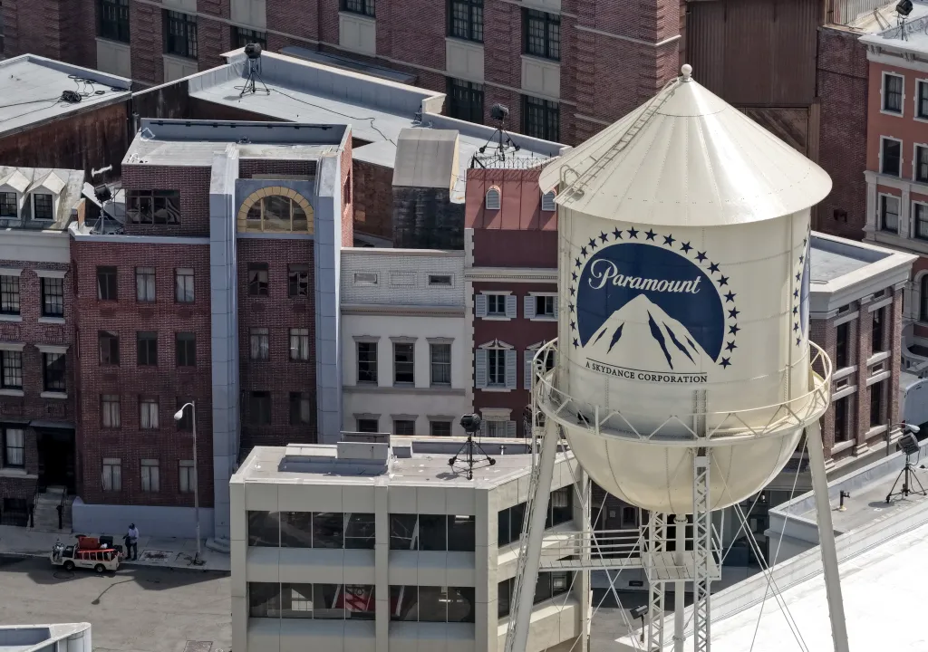 An aerial view of the Paramount water tower, with 