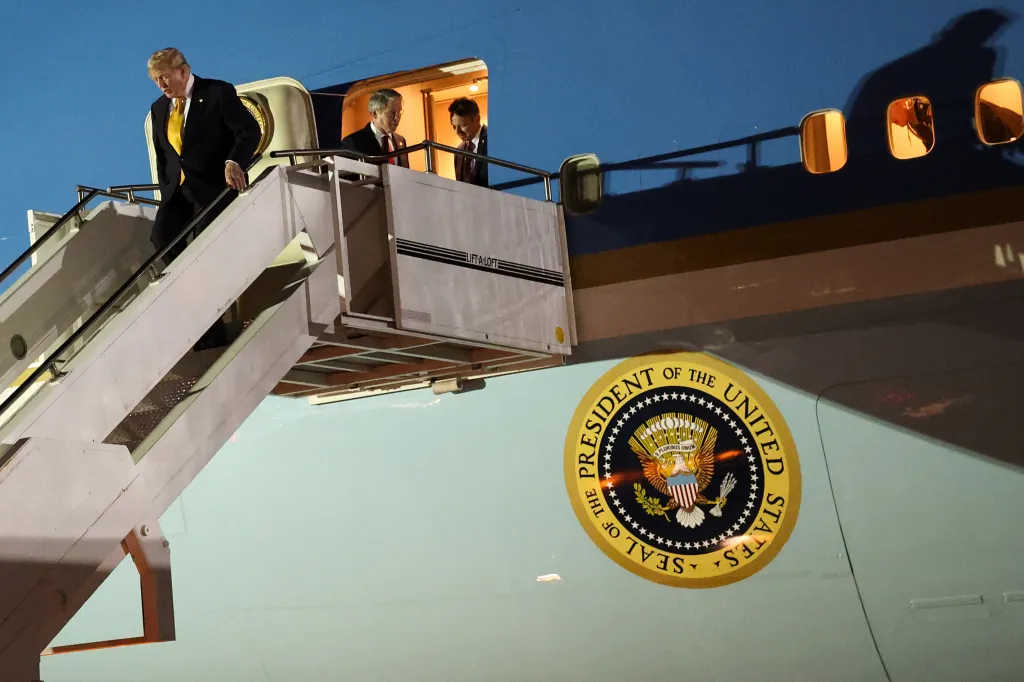 President Donald Trump steps off Air Force One to board the new Qatari-gifted Boeing plane, enroute to the United States following his participation in the NATO Summit at Royal Air Force Mildenhall on July 08, 2026 in Mildenhall, England.