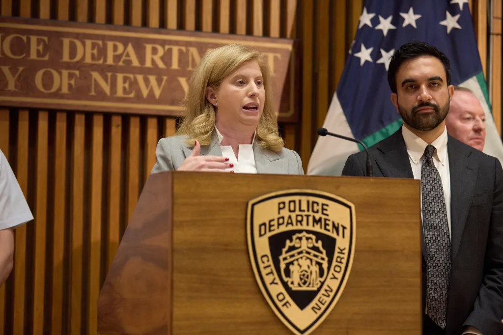 NYPD Commissioner Jessica Tisch speaks at the podium as New York City Mayor Zohran Mamdani stands at her right during a security briefing ahead of Sail 250 and Fourth of July events in New York City, U.S., July 1, 2026.
