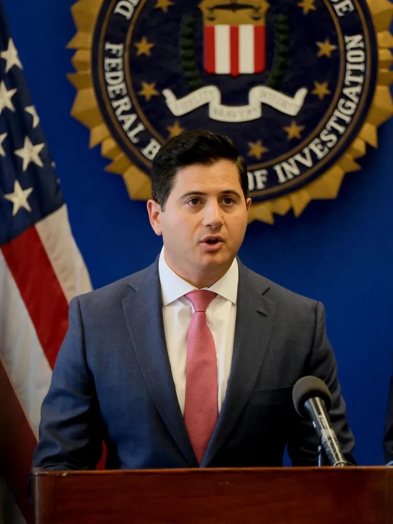 Bill Essayli, First Assistant U.S. Attorney for the Central District of California, speaking at a press conference.