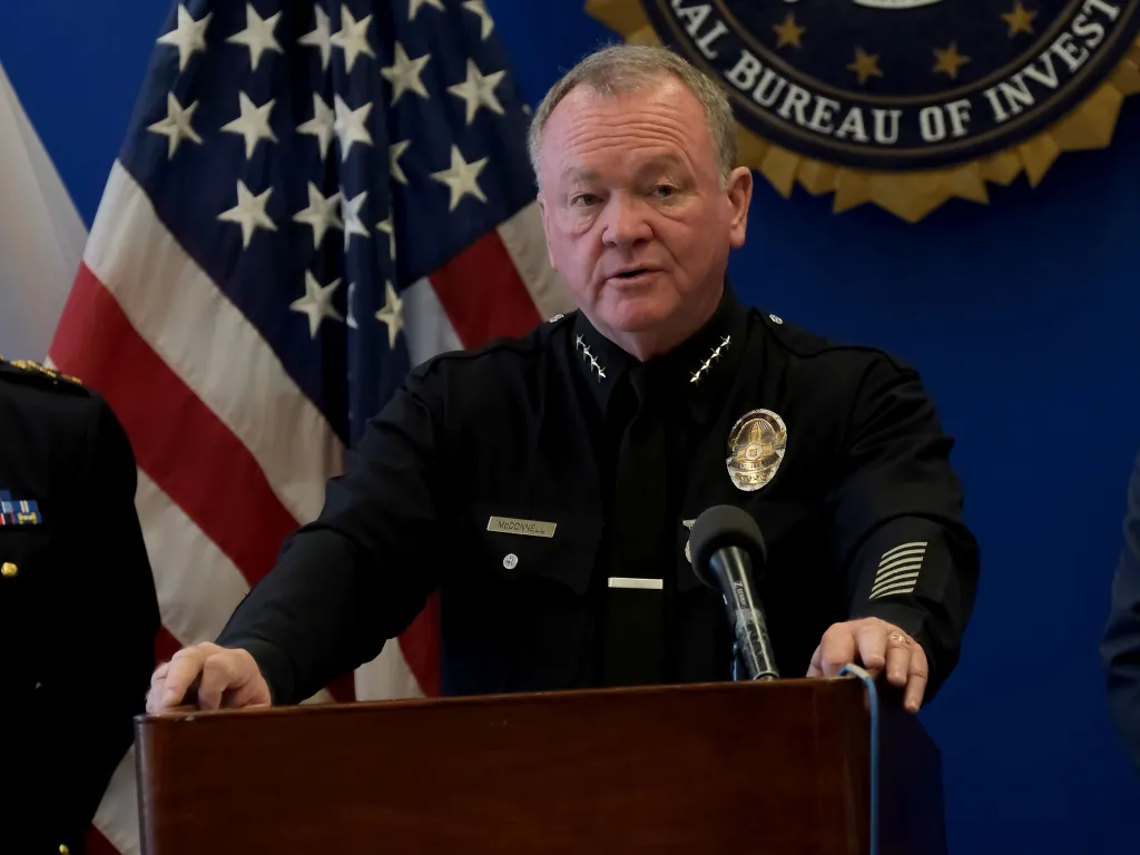 LAPD Chief Jim McDonnell speaking at a press conference.