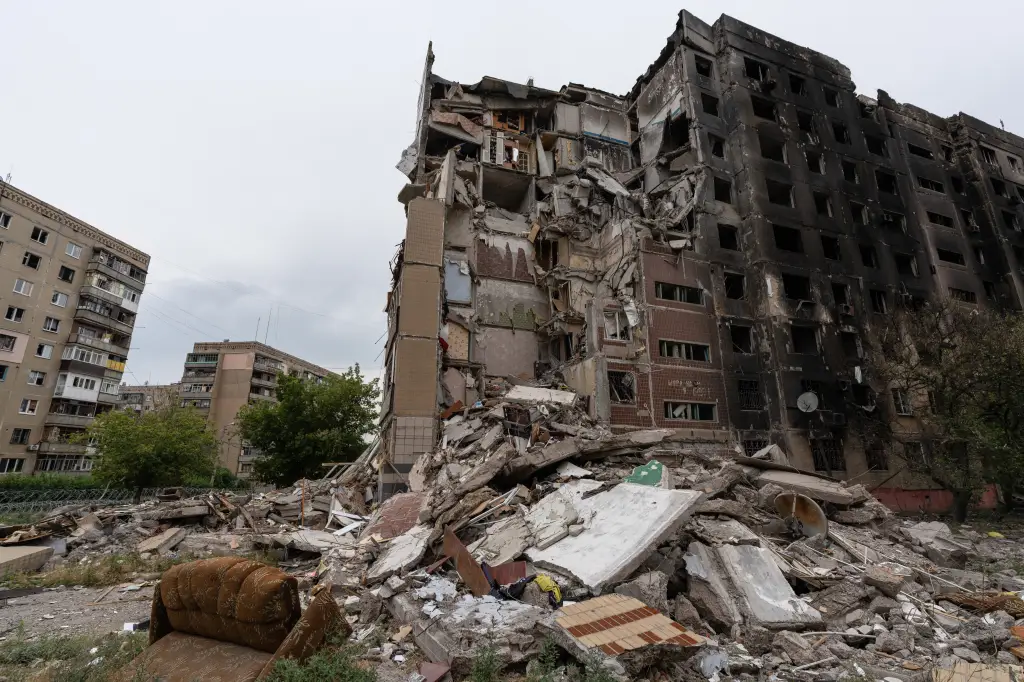 The damaged center of the frontline town of Druzhkivka, Donetsk region, Ukraine.