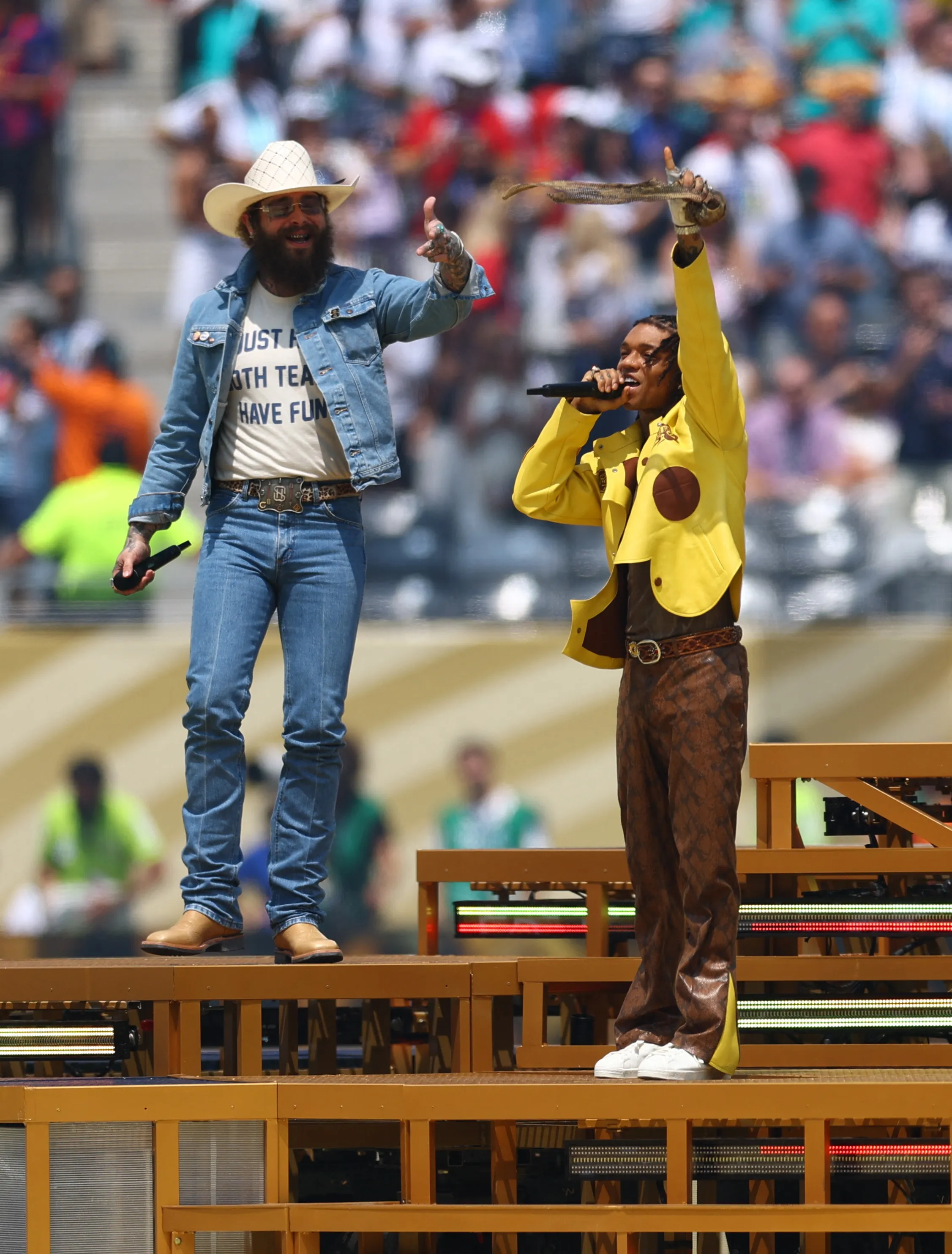 Singers Swae Lee and Post Malone performing during the closing ceremony.