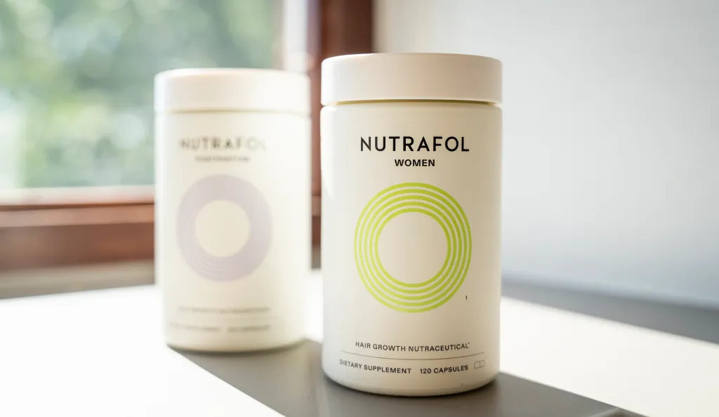 Two bottles of Nutrafol dietary supplements, with one in focus labelled