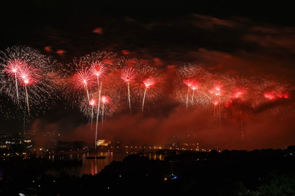 Fireworks burst over the National Mall in Washington, D.C.