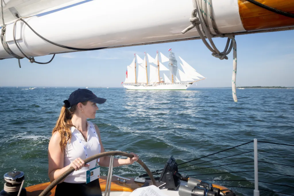 Katie Donlevy driving the boat.