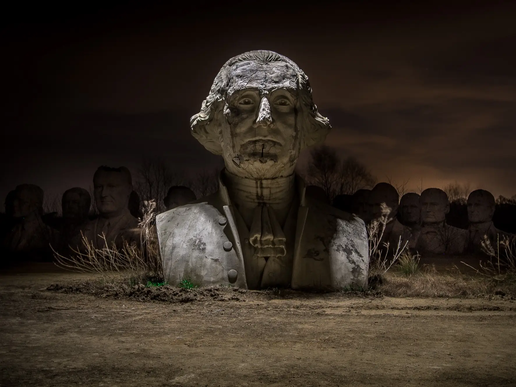 George Washington's statue looking eerie at night.