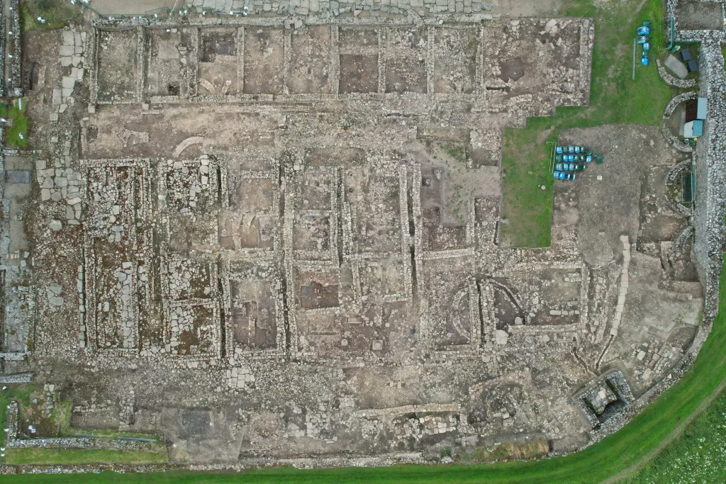 Aerial view of Vindolanda Fort's excavated Roman foundations.