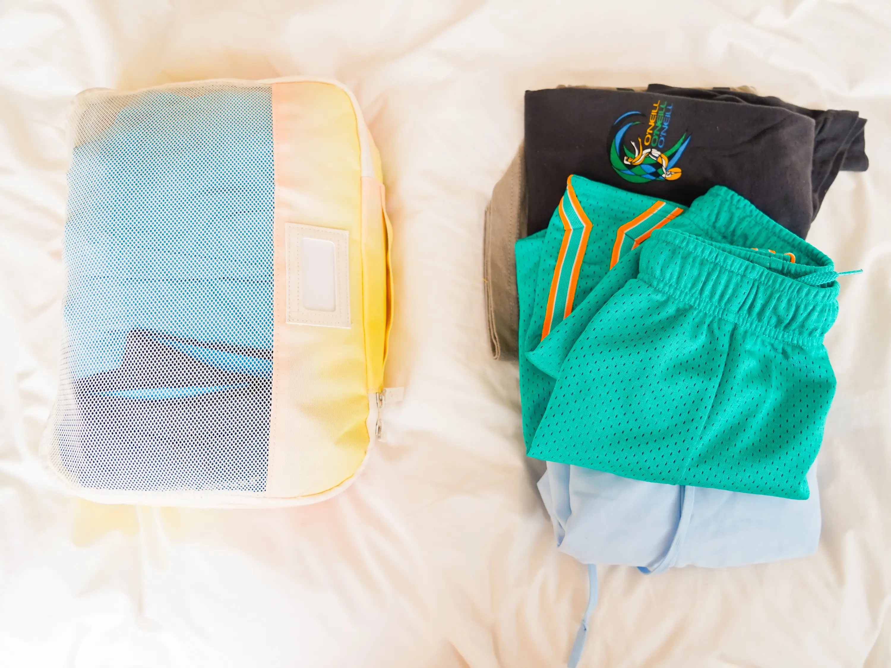 Clothes for the train on the right and the rest of the trip on the left.