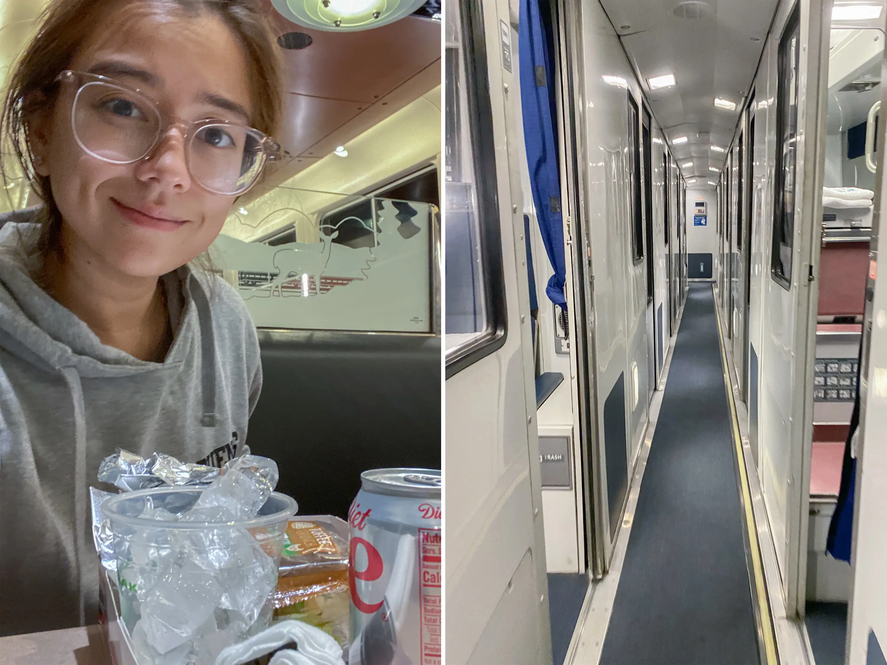 The author takes a selfie with her food and a view of the sleeper car corridor