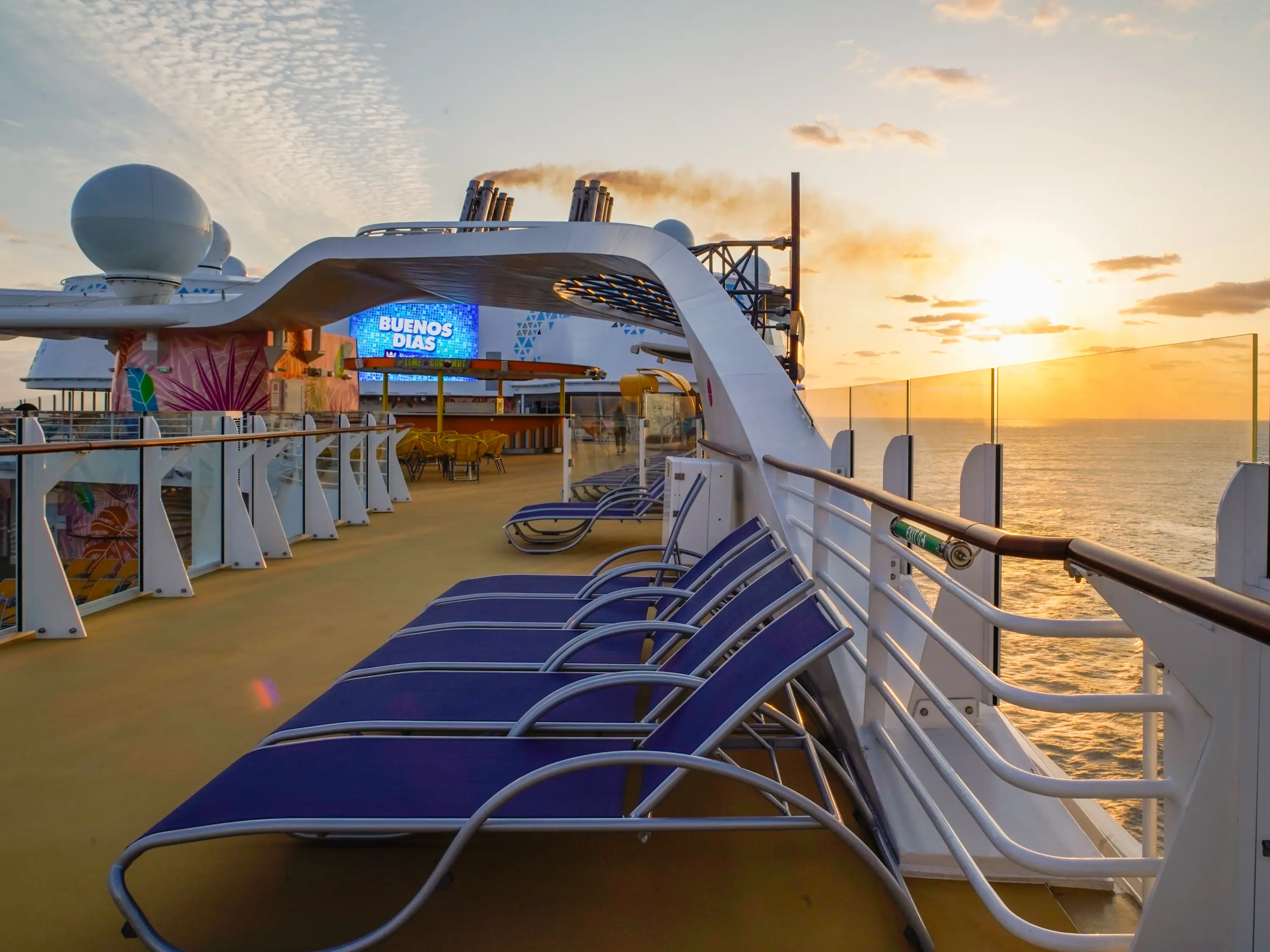 And empty top deck on a cruise ship at sunrise