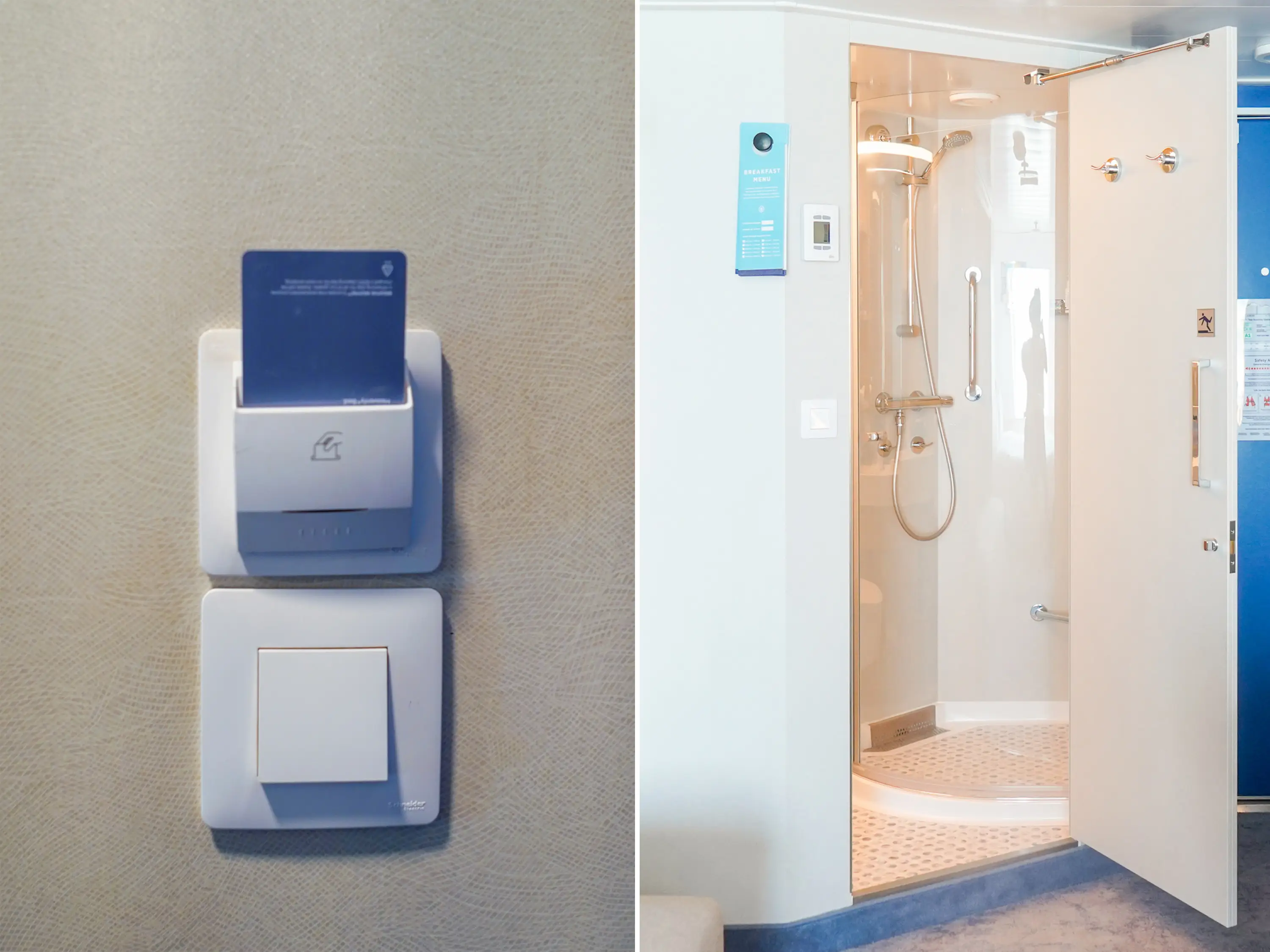 A composite image of a key card in a wall slot and an open bathroom door in a cruise ship cabin