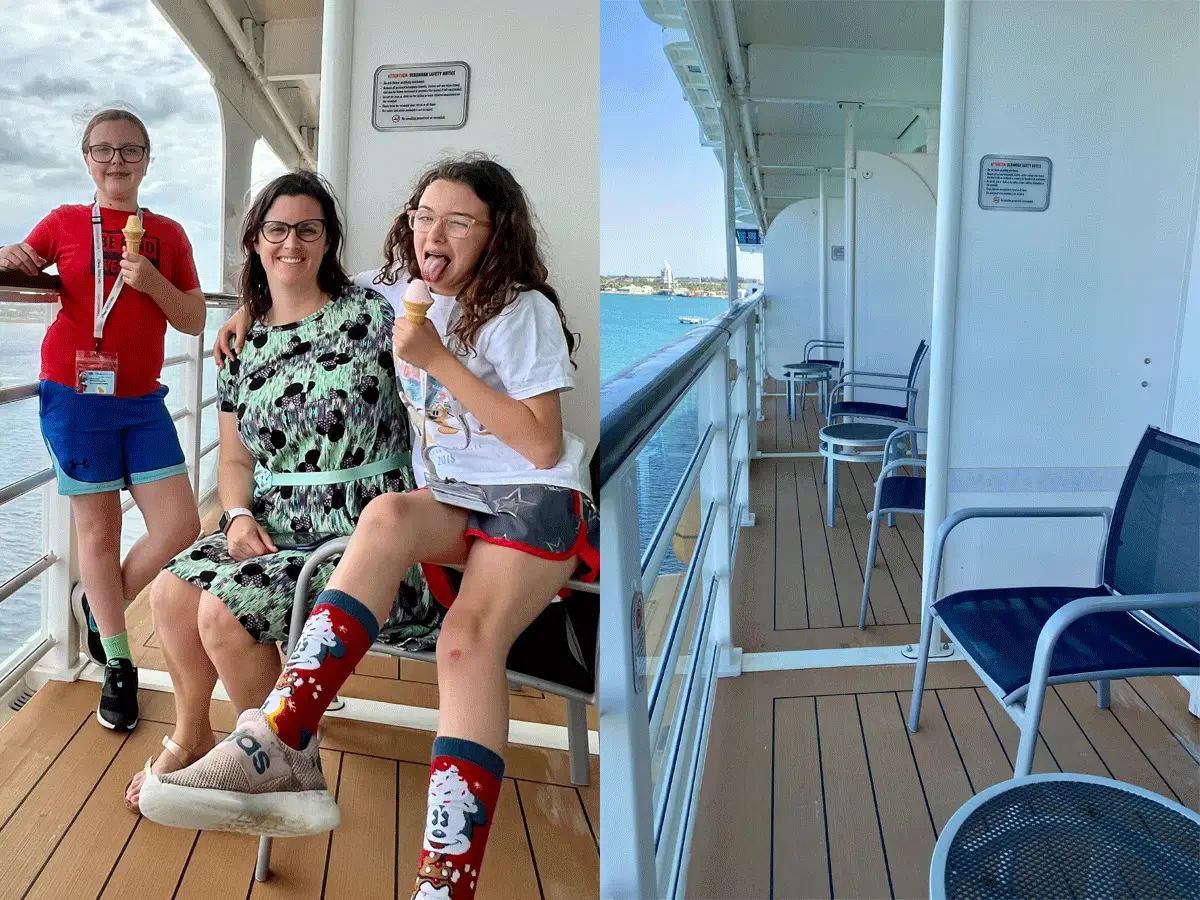 the writer and her family on the balcony of tyheir cruise ship room next to a photo of multiple balconies not divided by partions