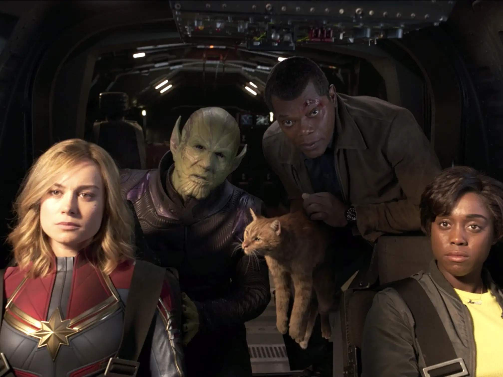 Brie Larson, Ben Mendelsohn, Samuel L. Jackson, and Lashana Lynch in 