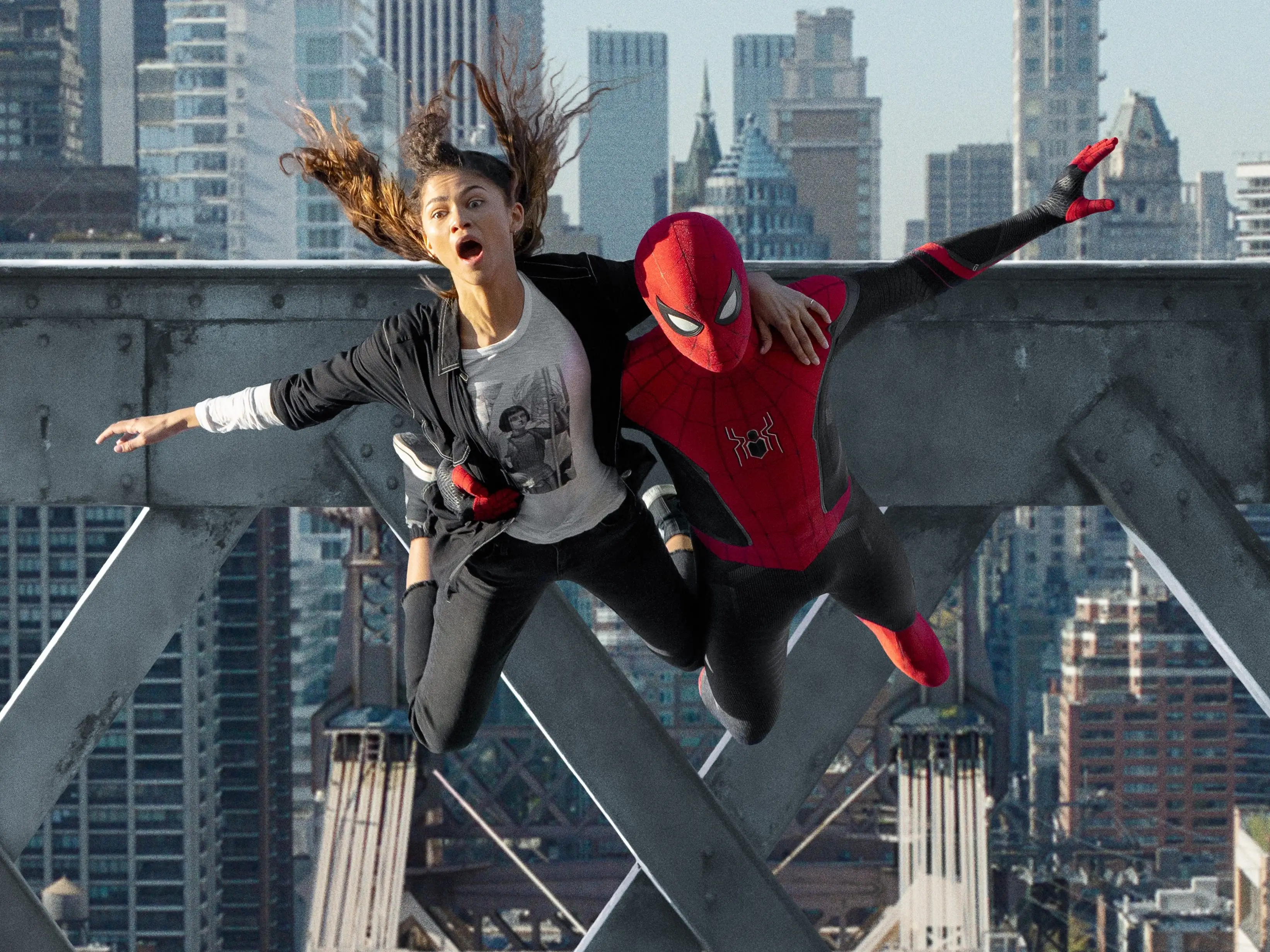 MJ and Spider-Man jumping off a platform in 