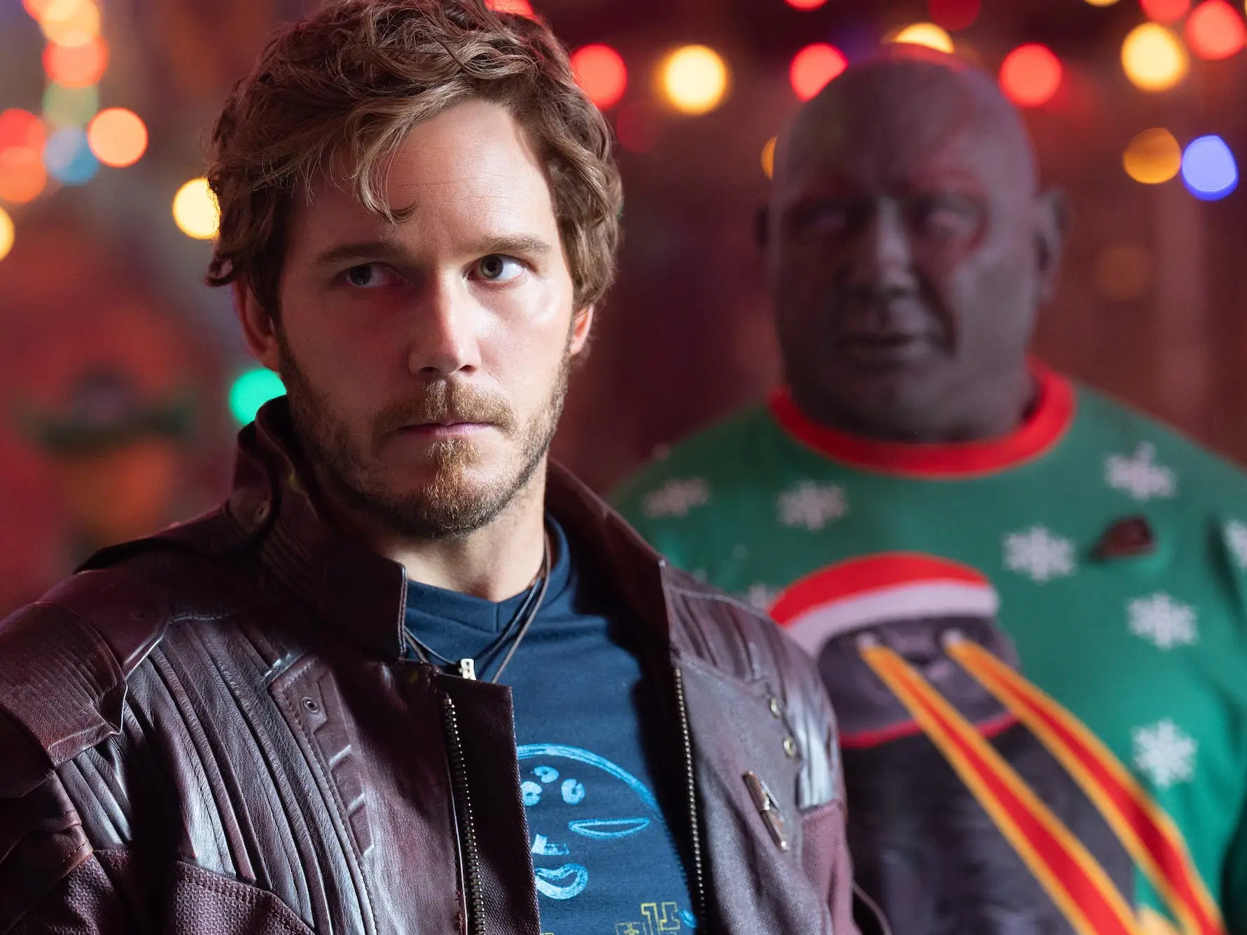 Chris Pratt as Peter Quill/Star-Lord and Dave Bautista as Drax in 