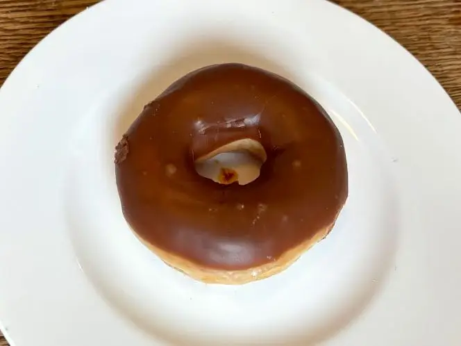 A doughnut topped with chocolate icing on a white plate.