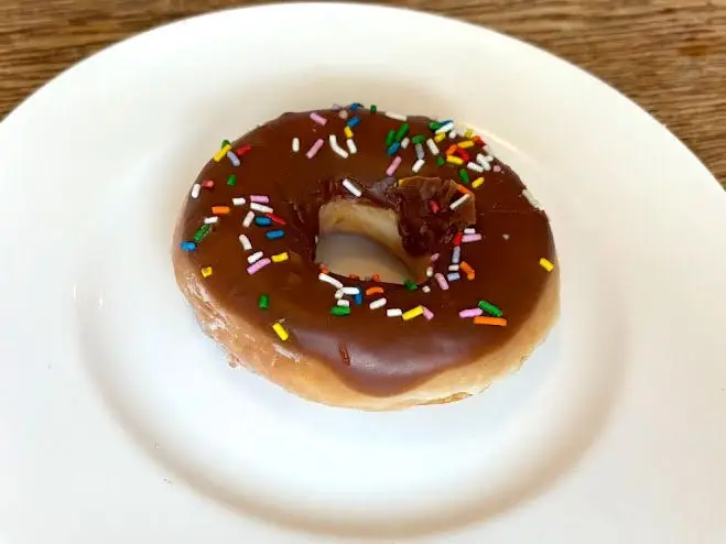 A doughnut topped with chocolate icing and colorful sprinkles on a white plate.