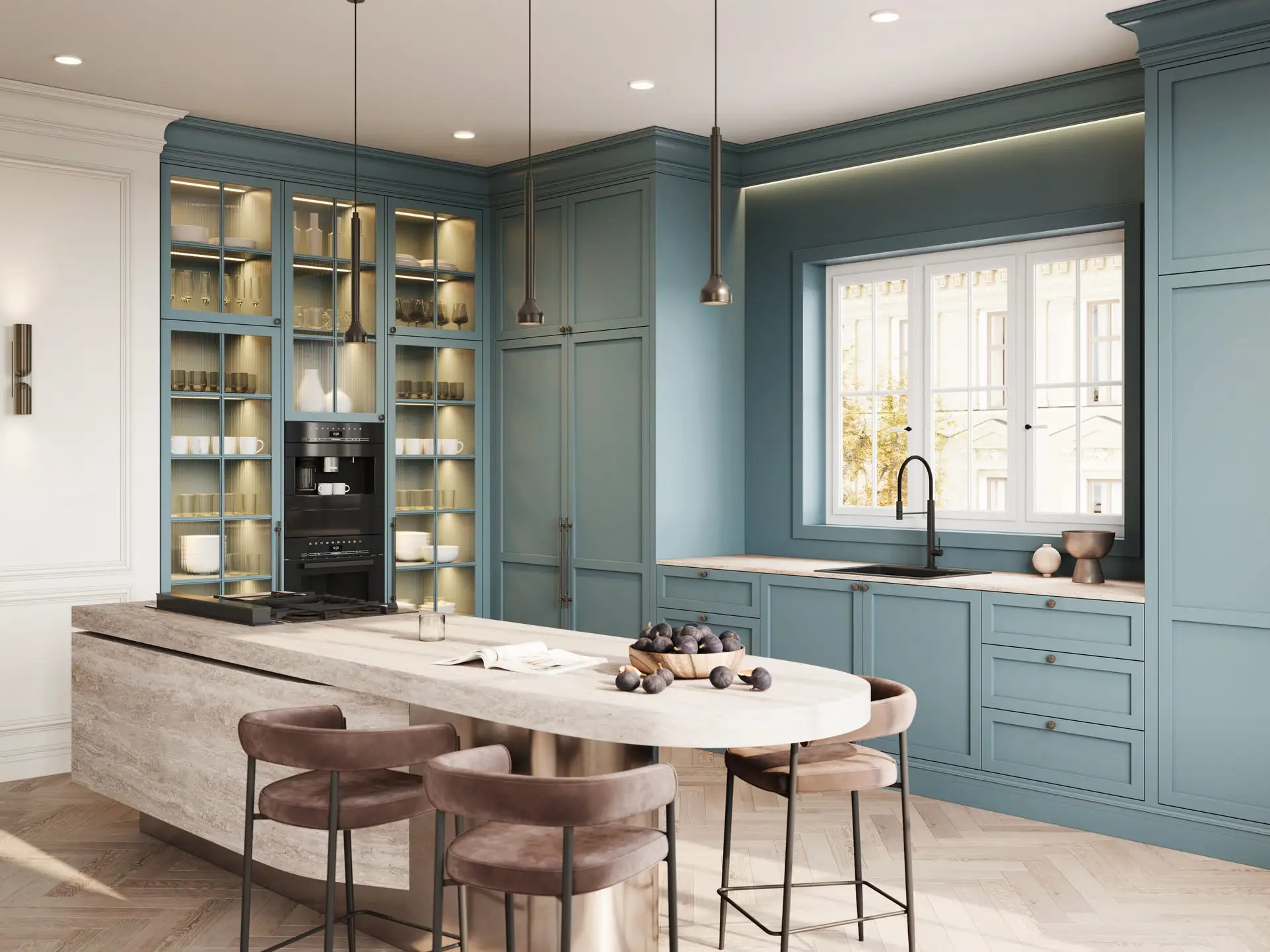 A kitchen with blue cabinets and counters and a kitchen island with brown chairs