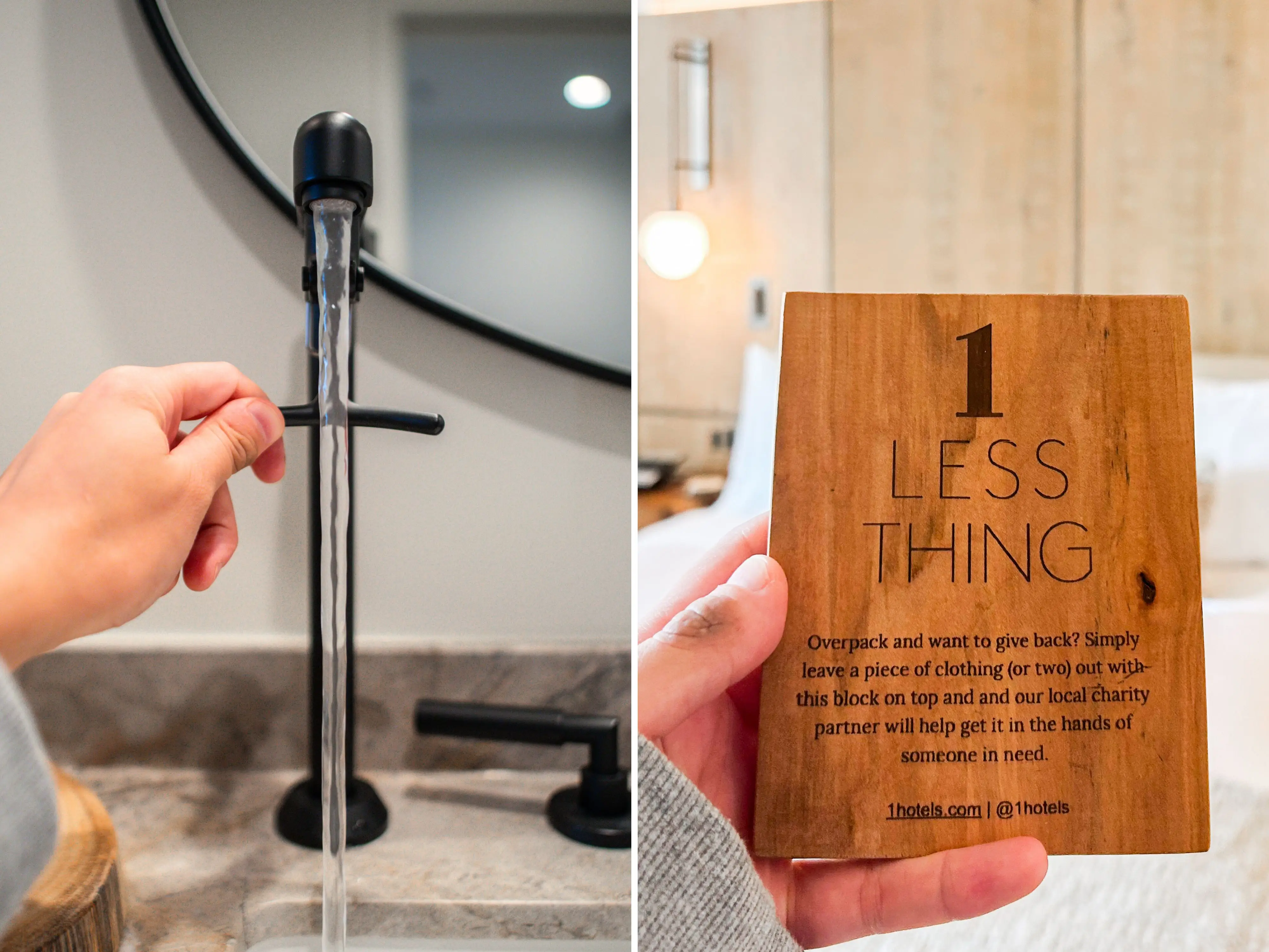A composite image of a hand turning on a faucet and holding a wood plaque in front of a bed