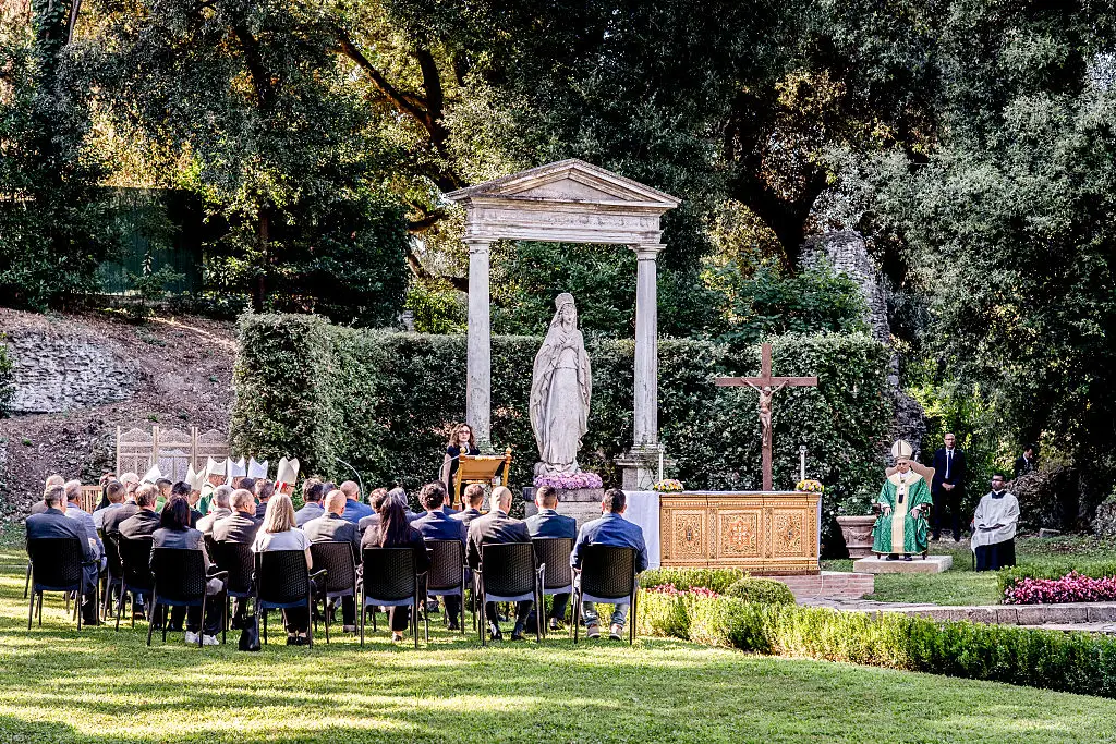 Pope Leo XIV leads mass in the gardens of Castel Gandolfo.