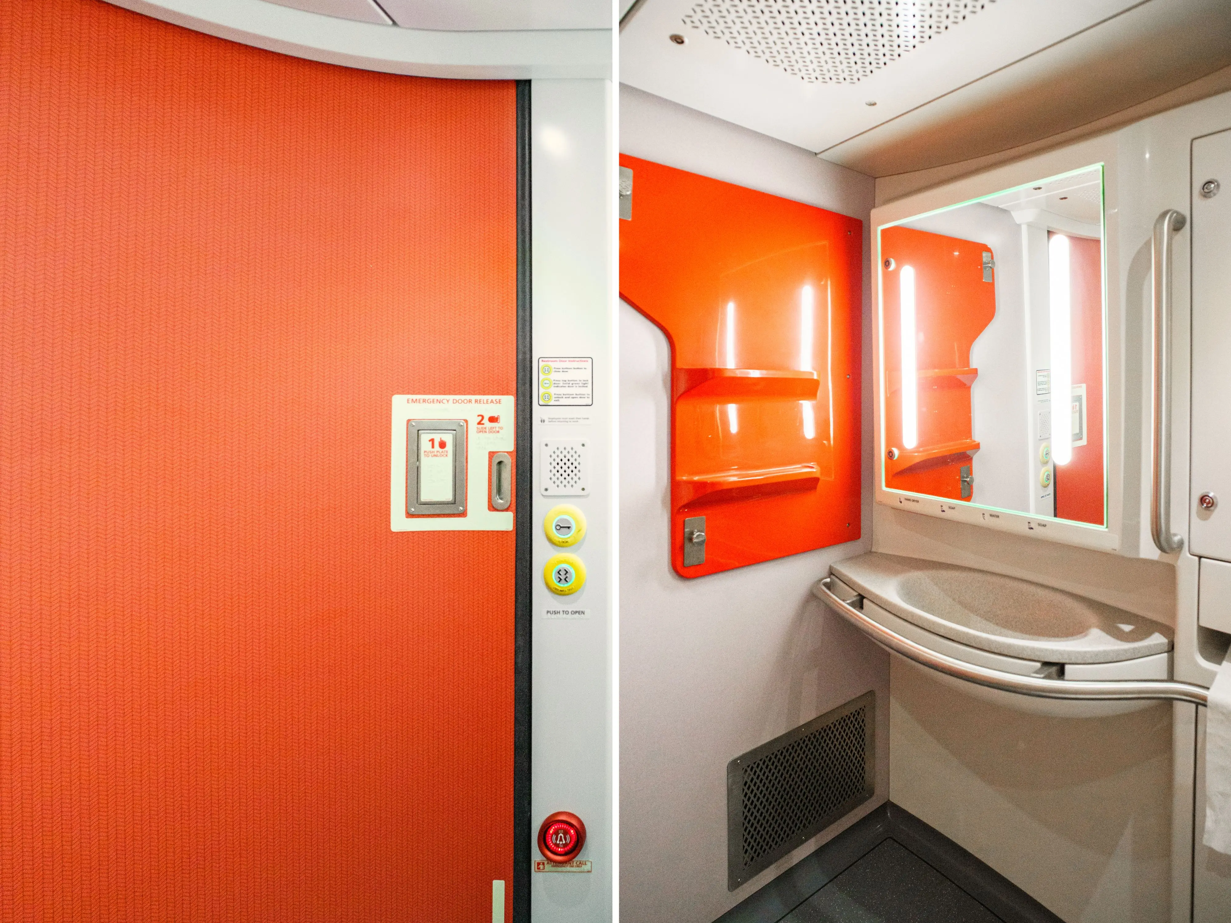 A composite image of a red door to a bathroom, and inside the bathroom, there's a red shelf