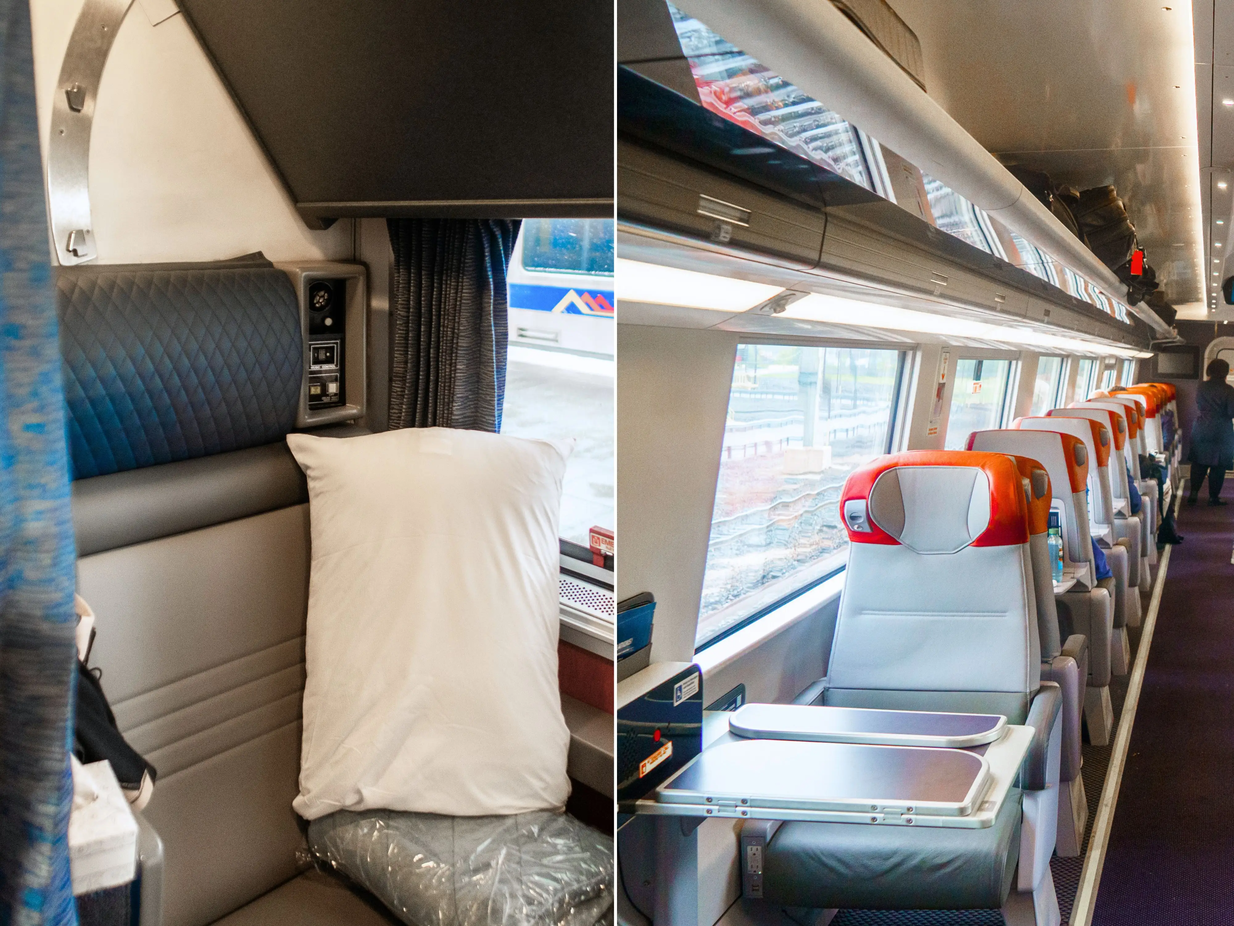 A composite image of a roomette and a first-class seat on Amtrak trains
