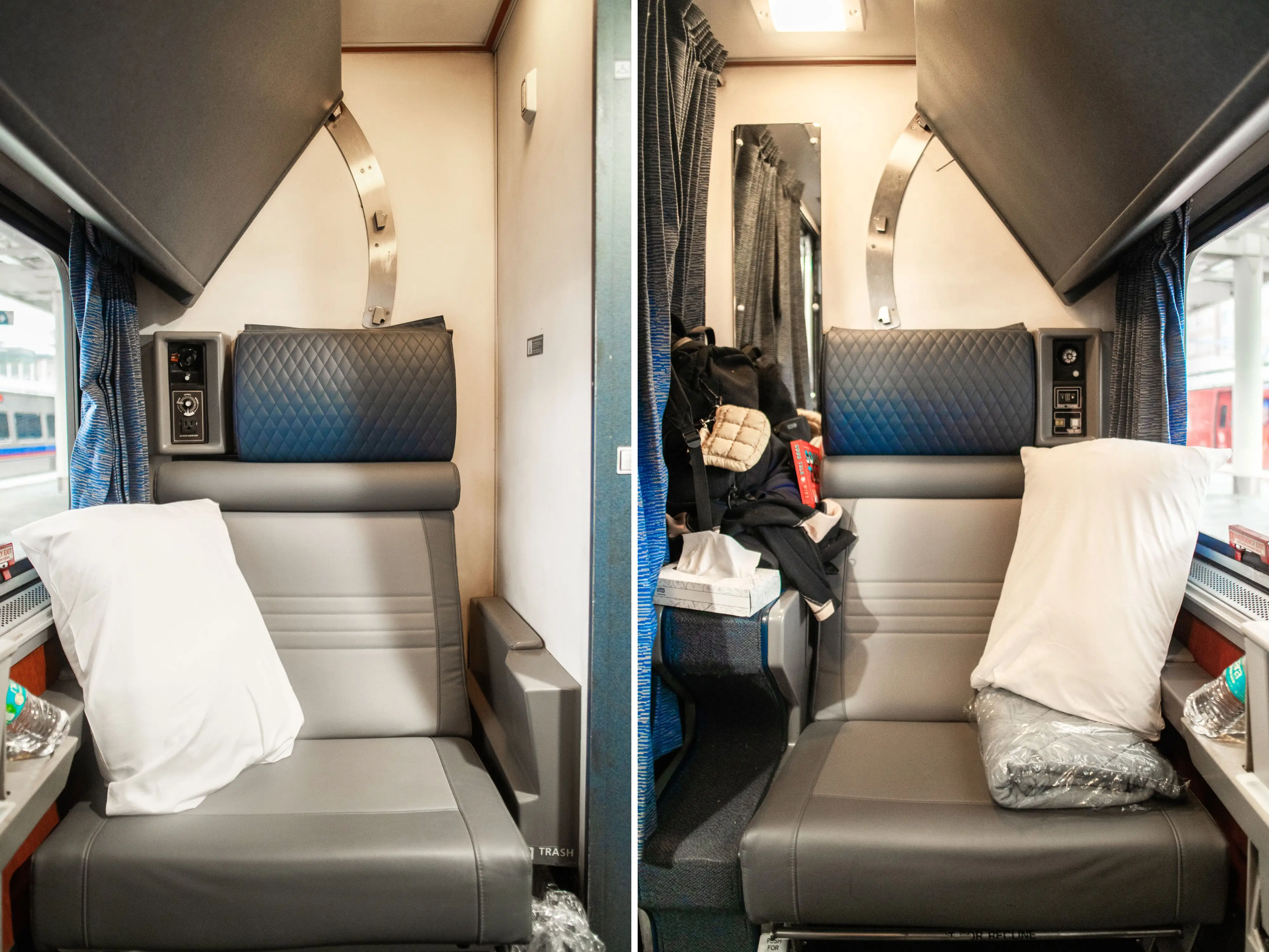 A composite image of seats in an Amtrak roomette