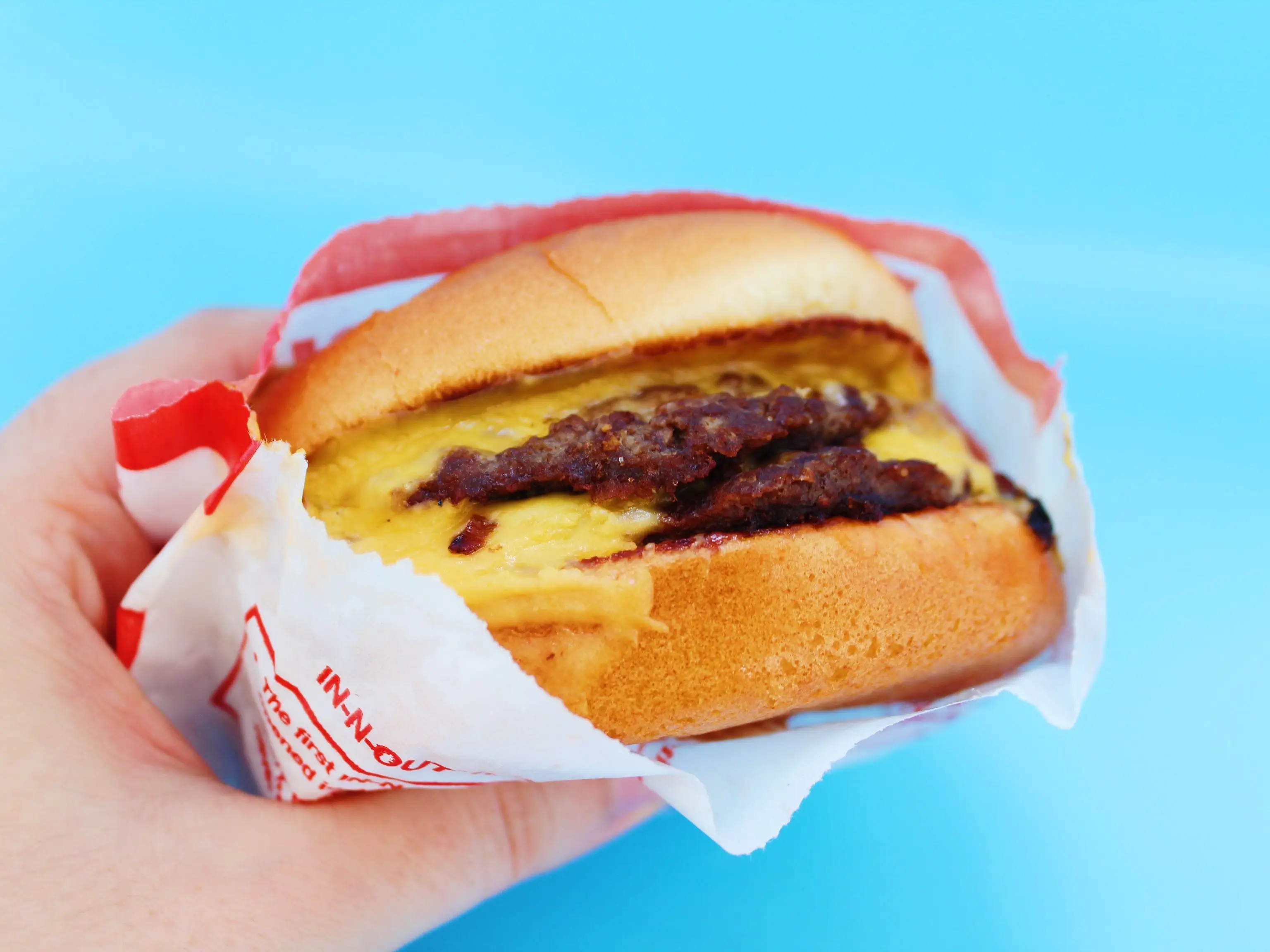 in n out double double on blue background