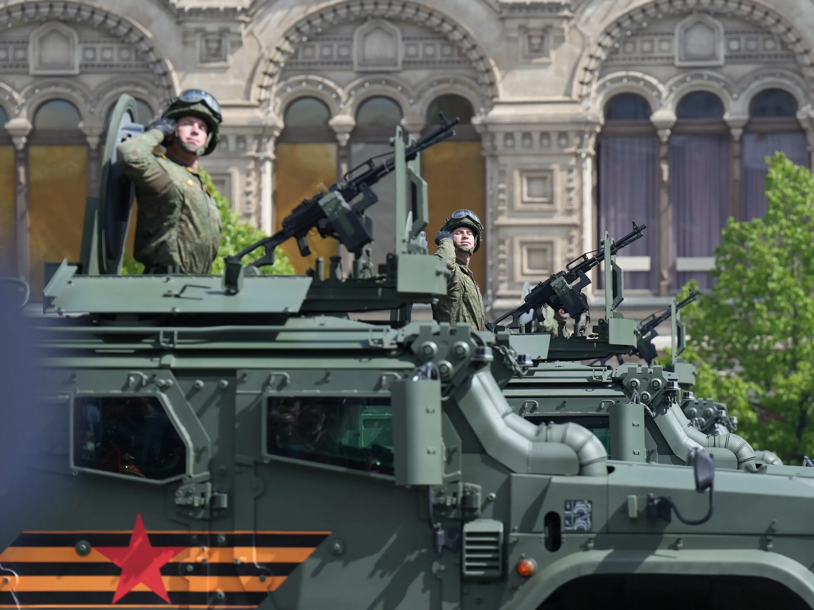 Russian tanks roll on Red Square during the Victory Day military parade, marking the 80th anniversary of the Victory in the Great Patriotic War, on May 9, 2025 in Moscow, Russia. Russia marks the 80th anniversary of the victory in World War II over Nazi Germany and its allies.