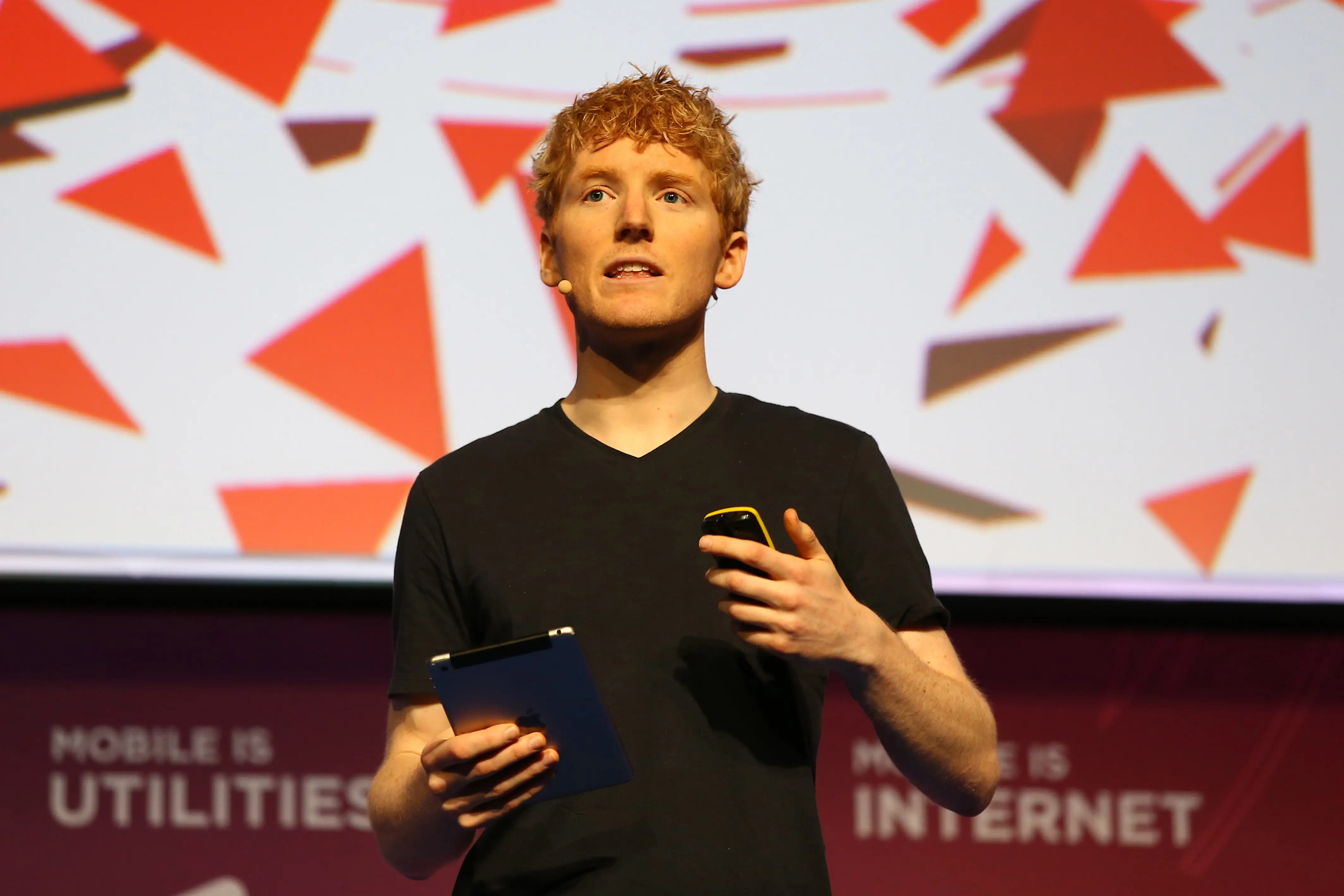 Stripe Co-founder and CEO Patrick Collison delivers his keynote conference during day three of the Mobile World Congress at the Fira Gran Via complex in Barcelona, Spain on February 24, 2016. The annual Mobile World Congress hosts some of the world's largest communication companies, the show runs from the 22 to 25 February.